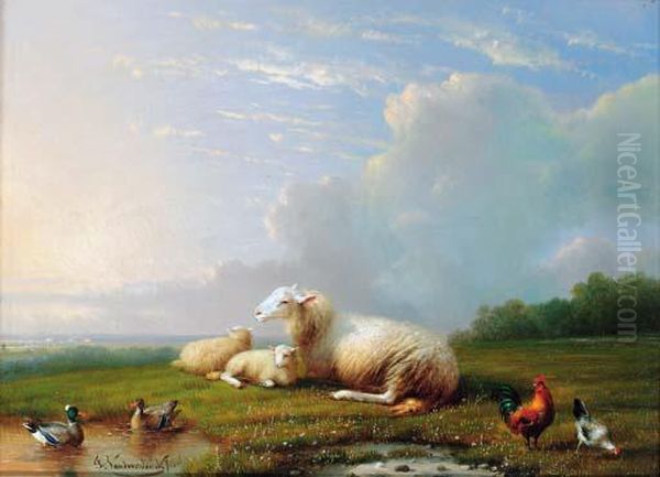 Sheep Grazing With Chickens And Ducks; And Sheep Grazing Withchickens Oil Painting by Franz van Severdonck