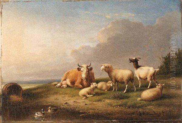 Sheep And A Cow Grazing On A Hillside Oil Painting by Franz van Severdonck