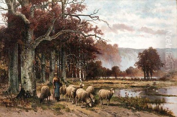 Sheep Grazing Under A Tree Oil Painting by Franz van Severdonck