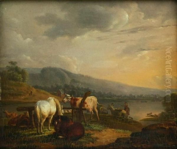 Fluslandschaft Mit Kuhherde Und Pferden Oil Painting by Jacob Van Stry