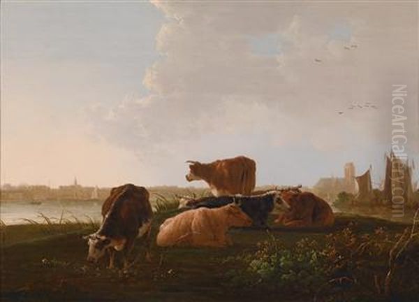 Lagerndes Vieh An Den Ufern Der Maas Oil Painting by Jacob Van Stry