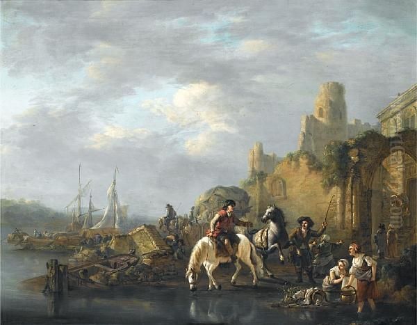 Washerwomen And Horsemen On The Banks Of A River Before A Ruined Arch Oil Painting by Jacob Van Stry