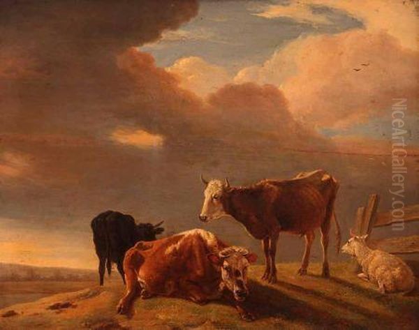 Cattle With Sheep On A Hillside Oil Painting by Jacob Van Stry