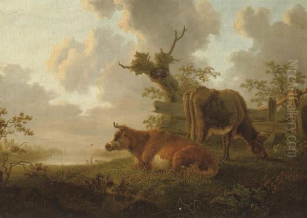 A River Landscape With Two Cows Oil Painting by Jacob Van Stry