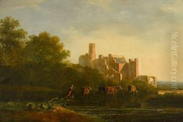 Herdsman And His Cattle At Sunset, A Ruined Castle In The Distance Oil Painting by Jacob Van Stry