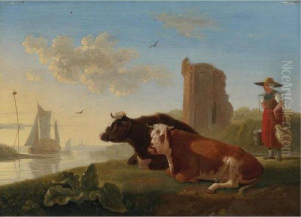 Landscape With Cattle And Milkmaid Oil Painting by Jacob Van Stry