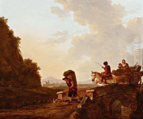 Landschap Met Boeren En Paardenkar Op Een Brug Oil Painting by Jacob Van Stry