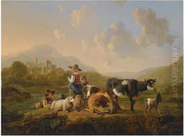 A Southern Hilly Landscape With Shepherds Resting With Their Herd,a View Of Ruins Beyond Oil Painting by Jacob Van Stry