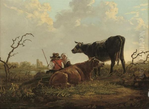 A River Landscape With A Drover And His Cattle At Rest On Thebank Oil Painting by Jacob Van Stry