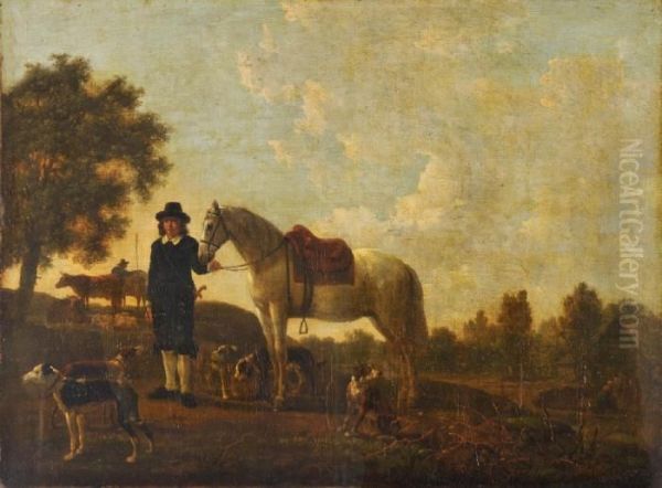 A Groom With A Grey Horse And Hounds In A Landscape Oil Painting by Jacob Van Stry