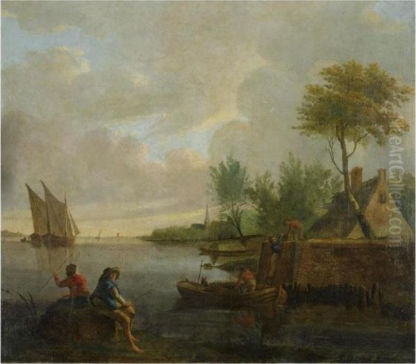 A River Landscape With Fishermen
 Loading Their Ware Onto A Boat,two Fishermen In The Front Oil Painting by Jacob Van Stry