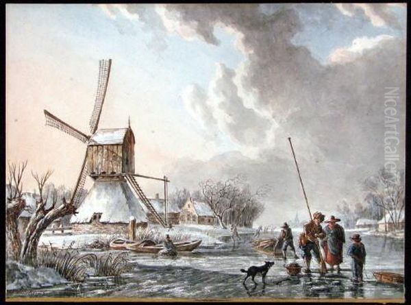 Verschneite Seelandschaft Mit Bauern Und Windmuhle. Oil Painting by Jacob Van Stry