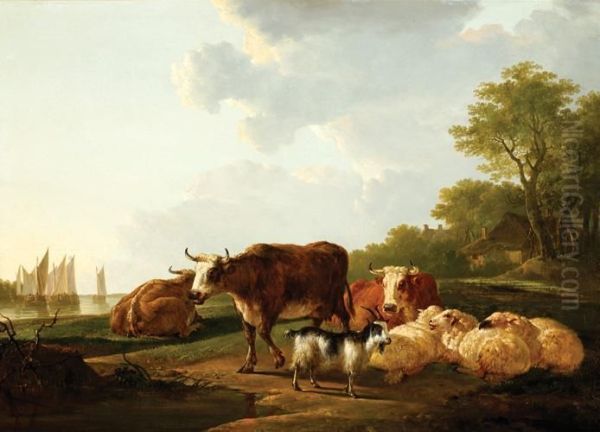 Landscape With Cows, Sheep And A Goat Oil Painting by Jacob Van Stry