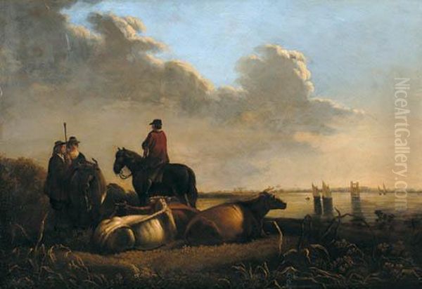 Paysans Et Leur Troupeau Sur Les Bords De La Merwede Oil Painting by Jacob Van Stry