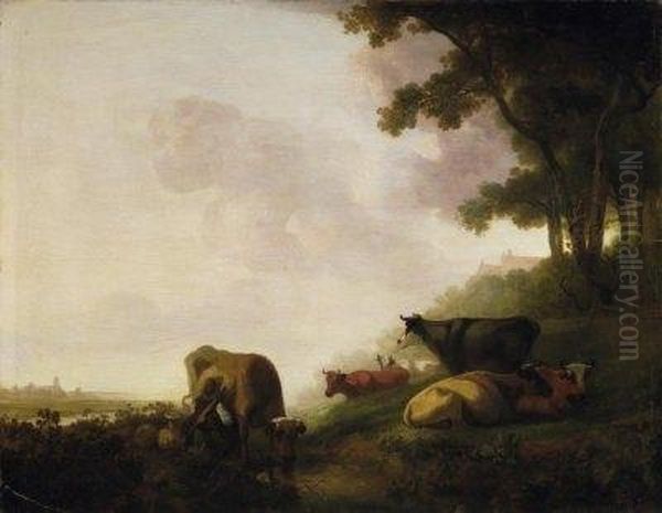 Farmer In The Morning Mist 
Milking The Cows On The Fields. Signed Bottom Right: J.v. Stry Oil Painting by Jacob Van Stry