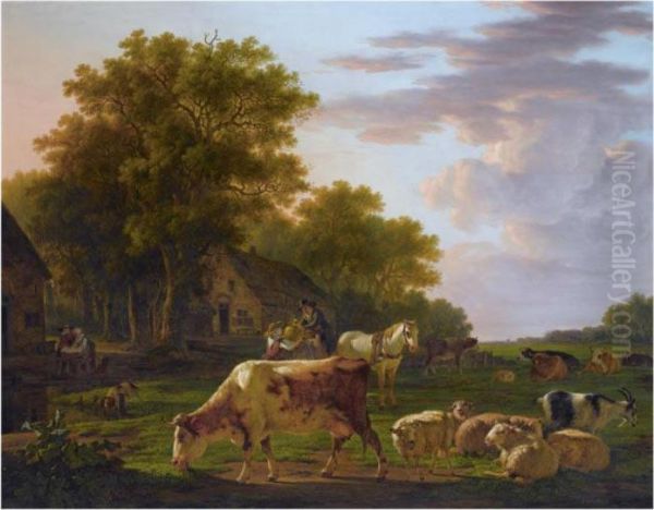 A Landscape With Cows And Sheep 
Near A Farmhouse, A Man In A Horse-drawn Cart Handing Over A Copper Jug 
To A Woman, Two Women Washing Clothes To The Left Oil Painting by Jacob Van Stry