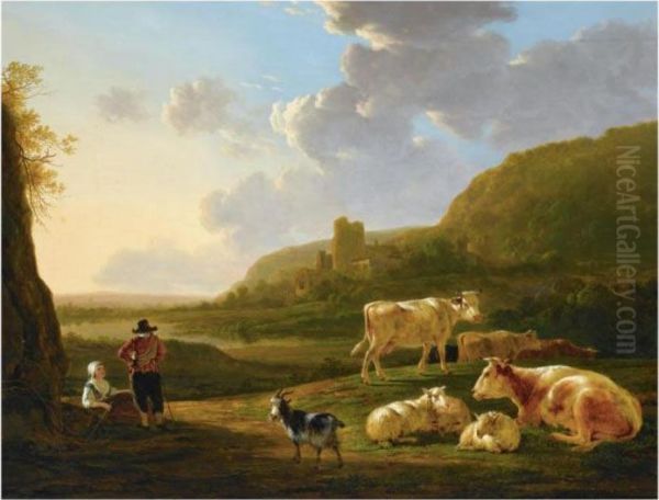 A Southern River Landscape With 
Shepherds Resting With Their Herd, A View Of A Ruin Beyond Oil Painting by Jacob Van Stry