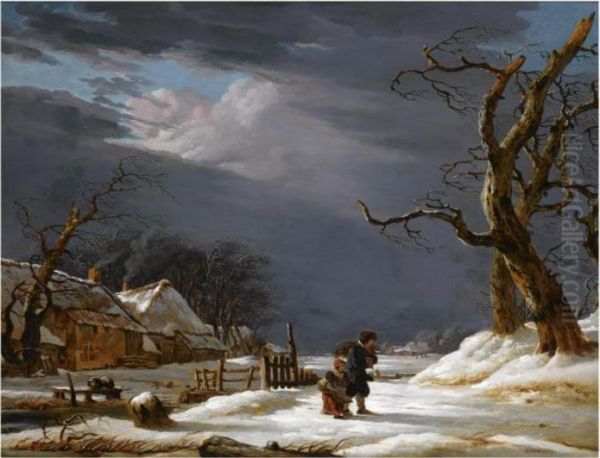 A Winter Landscape With A Man And A Child Walking Through The Snow Near A Farmhouse Oil Painting by Jacob Van Stry