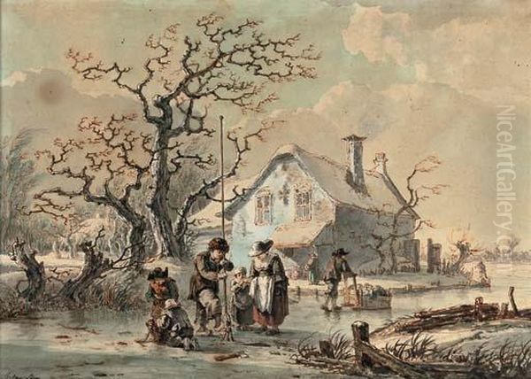 Figures Fishing Through A Hole In The Ice Near A Farmsted Oil Painting by Jacob Van Stry