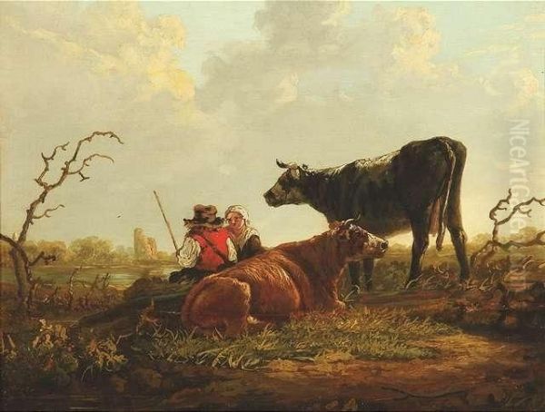 A Peasant Couple With Their Cattle Oil Painting by Jacob Van Stry