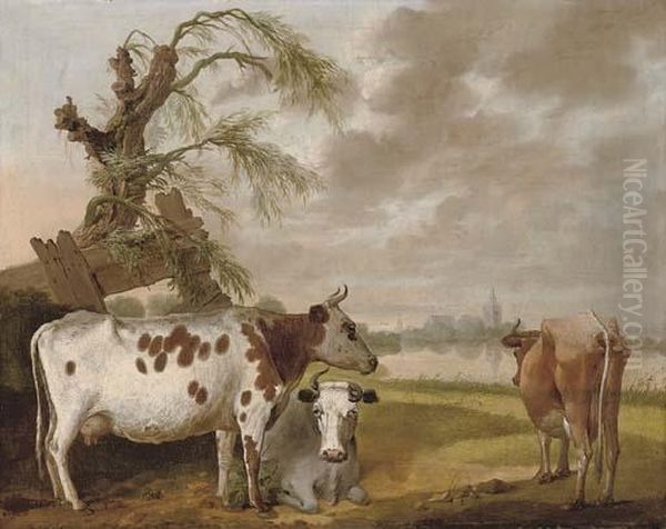 A River Landscape With Cattle Resting By A Pollarded Tree Oil Painting by Jacob Van Stry