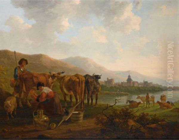 A River Landscape With A 
Shepherd And His Cattle Together With A Milkmaid Milking A Cow, A Town 
Beyond Oil Painting by Jacob Van Stry