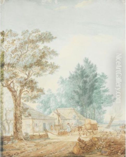 View Of A Farm By A Canal, With A
 Drover With His Horse And Cart And A Woman Drawing Water From A Well Oil Painting by Jacob Van Stry