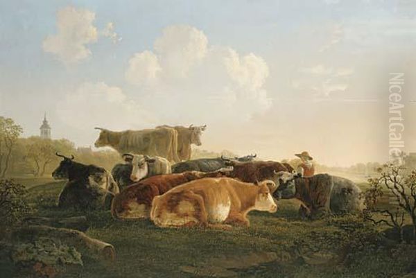 Cattle And A Herder Resting In A Landscape Oil Painting by Jacob Van Stry