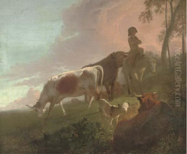 A Landscape With A Mounted Drover And His Cattle At Twilight Oil Painting by Jacob Van Stry