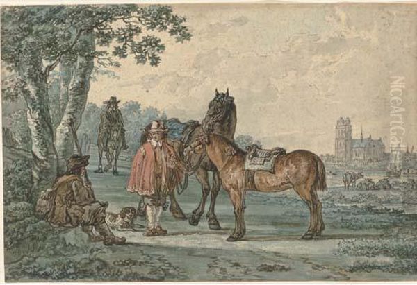 Horsemen On A Path With Dordrecht In The Distance Oil Painting by Jacob Van Stry