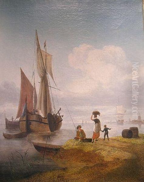 Shipping On The Meuse Of Boeiers Under Sail And A Cat And Withfigures On The Shore Oil Painting by Jacob Van Stry