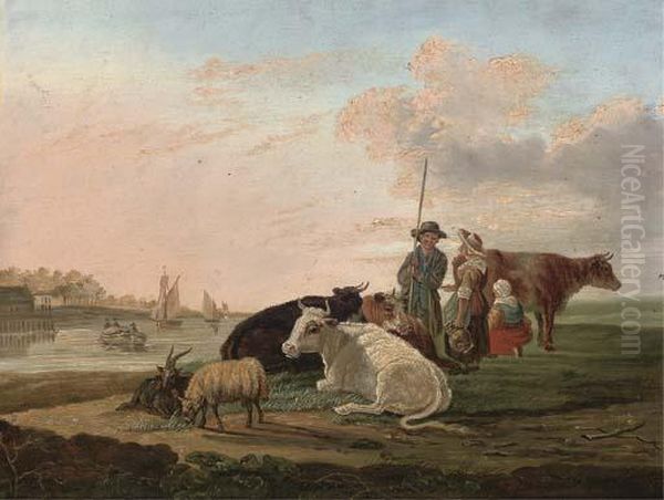 A Landscape With A Drover, His Family And Cattle Oil Painting by Jacob Van Stry