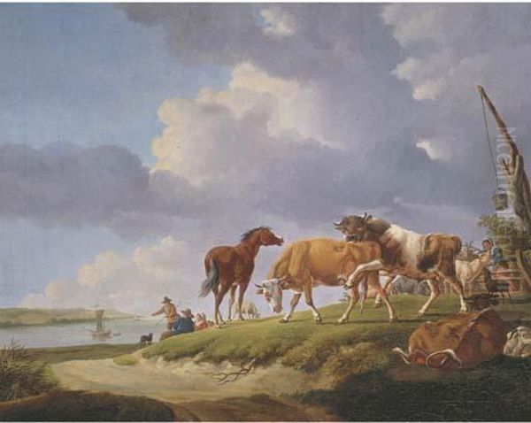 A River Bank With Herdsmen Resting And Tending Their Cattle Oil Painting by Jacob Van Stry