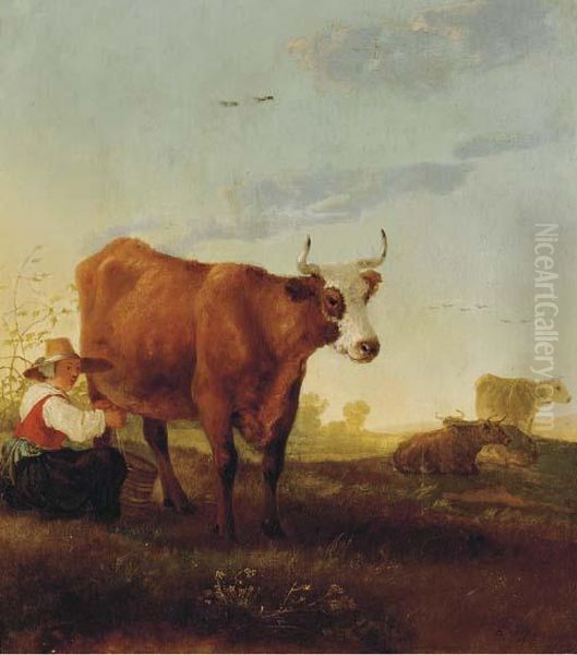 A Milkmaid Milking A Cow Oil Painting by Jacob Van Stry