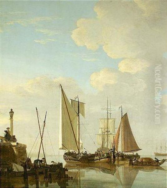 Two Boeiers And A Cat Under Sail With Other Smaller Vessels Oil Painting by Jacob Van Stry