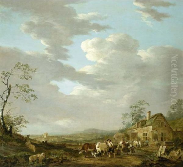 An Autumn Landscape With A Shepherd And His Herd And Travellers Near An Inn Oil Painting by Jacob Van Stry