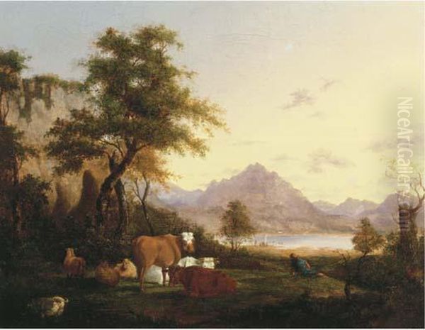 A Mountainous Italianate Landscape With A Herdsman Resting With Hiscattle By A Lake Oil Painting by Jacob Van Stry