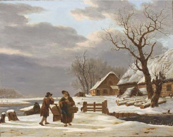 A Winter Landscape With A Farmstead Near A Frozen River And A Couple Conversing Oil Painting by Jacob Van Stry