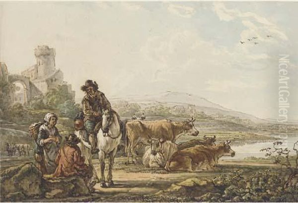 An Extensive River Landscape With Peasants And Cattle Oil Painting by Jacob Van Stry