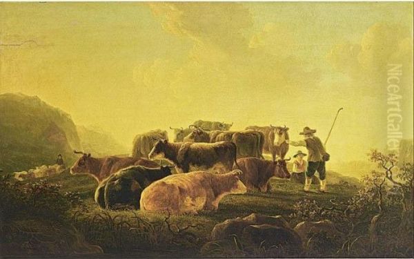 Strij Shepherds With Their 
Cattle And Another Shepherd With His Flock Of Sheep In The Background Oil Painting by Jacob Van Stry