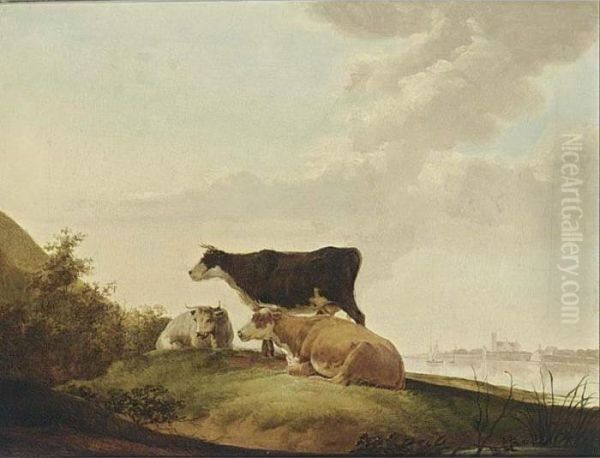 Cattle In A Landscape With A Town In The Background Oil Painting by Jacob Van Stry