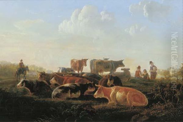 A Pastoral Landscape With Cattle By A River Bank, With Herdsmen And A Horseman Oil Painting by Jacob Van Stry