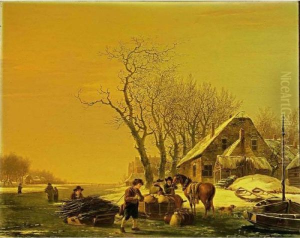 A Winter Landscape With Wood 
Gatherers Pulling A Sledge, And Merchantmen With Their Horsedrawn Sledge
 On A Frozen River, A Village Nearby Oil Painting by Jacob Van Stry