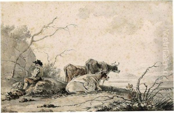 Landscape With Herdsman And Cows Resting Oil Painting by Jacob Van Stry