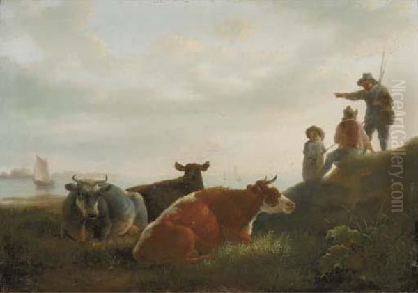 A Pastoral Landscape With Cattle And Fishermen By A River Oil Painting by Jacob Van Stry