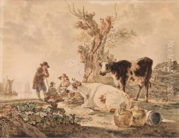 Peasants And Cattle Resting By A River Oil Painting by Jacob Van Stry