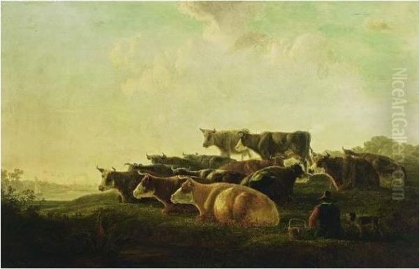 An Extensive River Landscape With A Shepherd And His Herd Resting Oil Painting by Jacob Van Stry