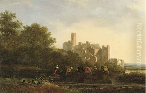 A Drover Herding Cattle Before A Ruined Castle Oil Painting by Jacob Van Stry