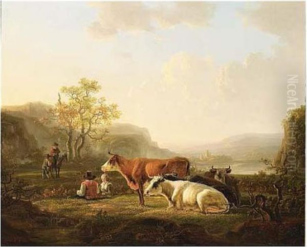 An Extensive River Landscape With Shepherds And Their Cattle Resting At Oil Painting by Jacob Van Stry