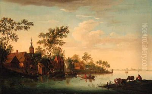 A Village On A River Oil Painting by Jacob Van Stry